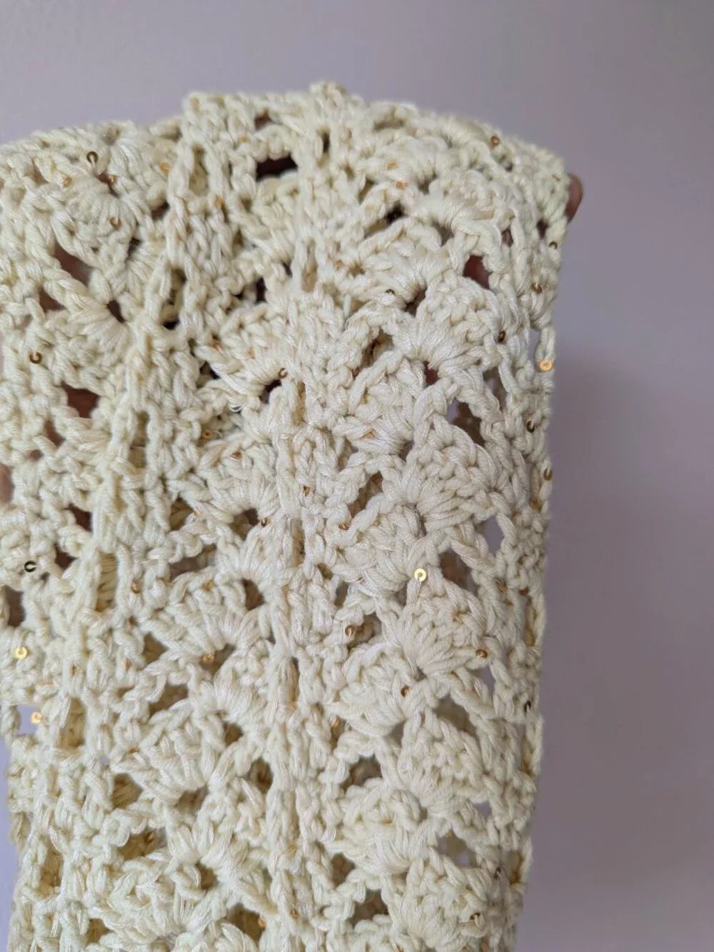 Handmade Crochet Lace Sequin Skinny Scarf Extra Long Linen Cream Gold